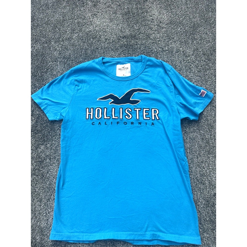 Hollister California Mens Medium Blue Logo Spellout Graphic T Shirt Flag Patch